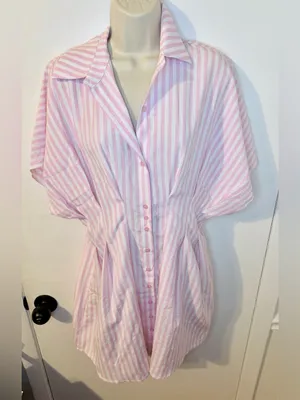 NWT COMMENSE Pink White Striped Shirt Dress L Collared Button Down thumbnail 4