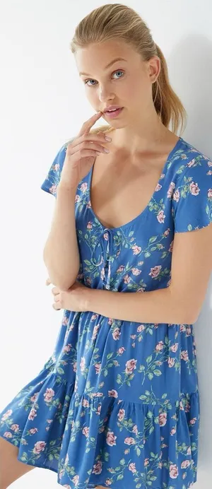 Urban Outfitters Babydoll Dress‎ Floral Mini Button-Up Top Tiered Skirt Feminine thumbnail 1