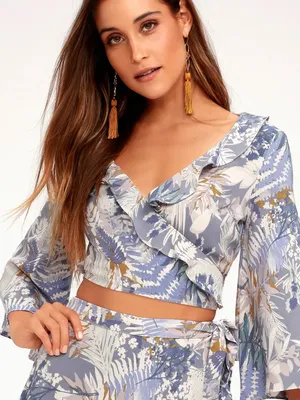 Lulus Tropical Periwinkle Blue Tropical Print Wrap Top - Size Medium thumbnail 1