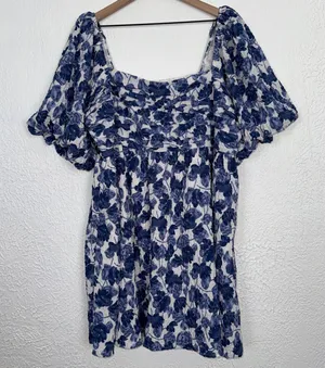 Abercrombie & Fitch Emerson Textured Puff Sleeve Mini Dress Blue Floral XXXL thumbnail 1