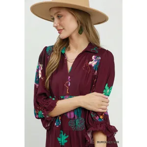 Umgee Floral Print Tiered Midi Dress with Puff Sleeves‎ - Burgundy - Small thumbnail 5
