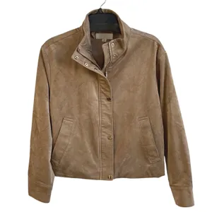 Zara Faux Suede Bomber Jacket Women Large Tan Minimalist Elastic Hem Snap Front thumbnail 5