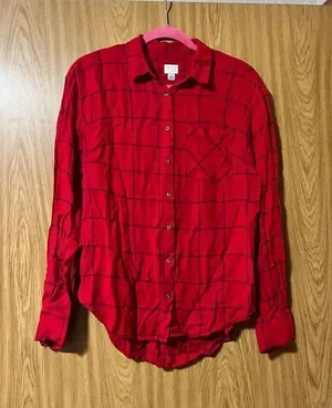 A New Day Red Plaid Button Up Top Woman’s Size Medium thumbnail 1