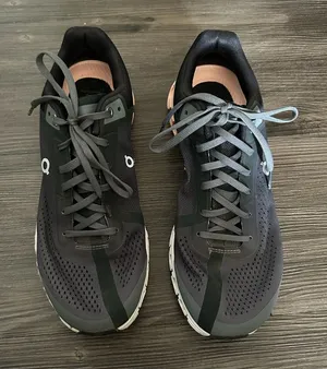 On Running Black Gray and Pink Accent Sneakers thumbnail 1