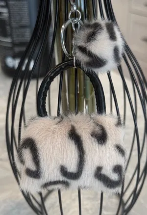 Pink leopard print mini handbag purse charm with pom-pom thumbnail 1