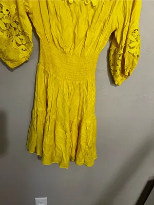 Gianni‎ Bini Yellow Off Shoulder Lace Trim Boho Peasant Spanish Vaca Mini Dress thumbnail 4