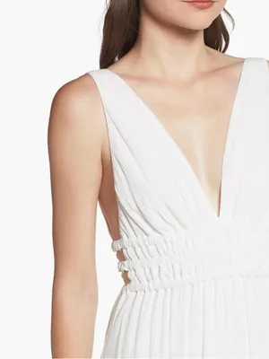 White V-Neck Smocked Waist Flowing Sophisticated Sleeveless Maxi Dress thumbnail 6