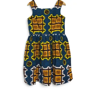 African Wax Print Fit and Flare Dress Blue Yellow Geometric Square Neck thumbnail 3