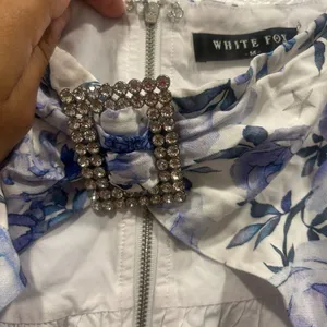 White Fox Boutique Floral Off-Shoulder Jumpsuit - Blue and White thumbnail 3