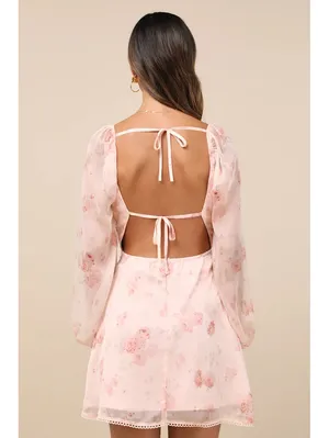 NWT Lulus Lovely Poise Light Pink Floral Tie-Back Long Sleeve Mini Dress Size M thumbnail 3