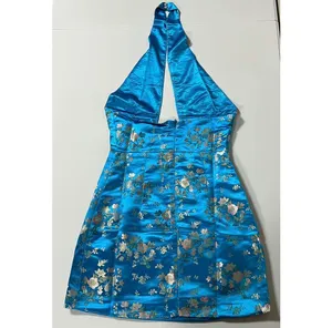 Blue Floral Satin Silk Criss-Cross Halter Mini Dress Size S 💙✨ thumbnail 5