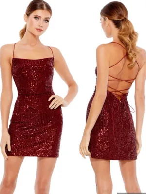 NWT MacDuggal 26479 Sequin Strappy Back Mini Formal Prom Dress Burgundy Size 6 thumbnail 14