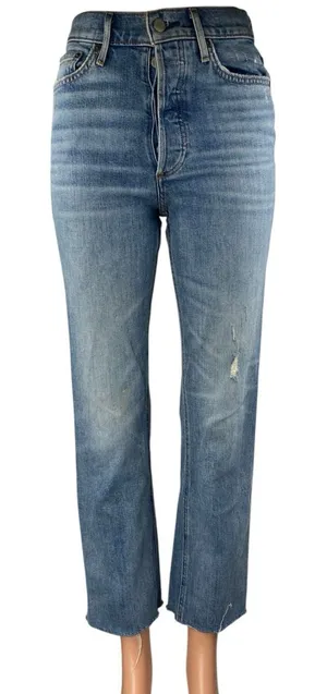 Aritzia Denim Forum The Arlo Blue High Rise Frayed Straight Denim Jeans Pants 24 thumbnail 1