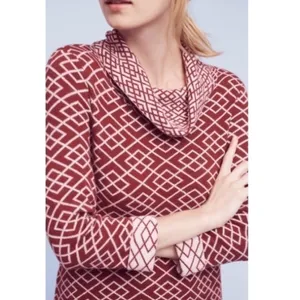 Anthropologie MOTH Galena Cowl Neck Sweater Maroon Pink Jacquard Geometric Small thumbnail 4