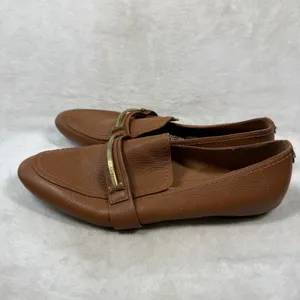 Calvin Klein Orianna Brown Leather Loafers Gold Logo Bar Flats Womens 11 34E2408 thumbnail 8