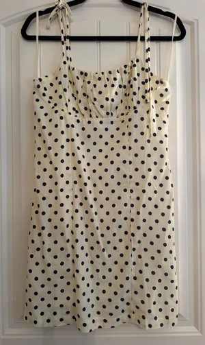 Polka Dot Tie-Strap Mini Dress in Cream and Black thumbnail 1