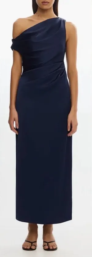 NEW Significant Other Alyssa Pleated One-Shoulder Draped Satin navy Gown Sz 6 thumbnail 1