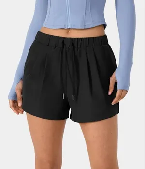 Halara High Waisted Elastic Waistband Drawstring Ruched Pocket Shorts 3" Black S thumbnail 1