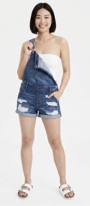 Aetrex AE‎ American Eagle Denim Overall Women's Large Blue Distressed Tomgirl Shortalls thumbnail 1
