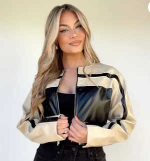 Lane 201 Cloud Ten Women’s Size M Cropped Racer Jacket Black Tan Faux Leather Moto Baddie thumbnail 1