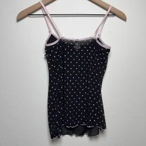Women Baby Cami Top Small Black Pink Polka Dot Mesh Ruffle Trim Bow Y2K Indie thumbnail 3