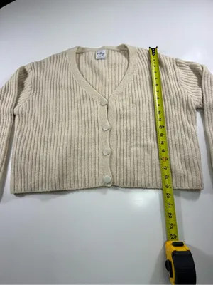 Polly Wool Blend V-Neck Cream Ribbed Button Cardigan Sweater thumbnail 3