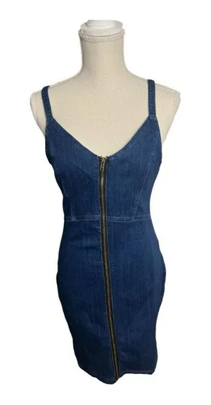 Haute Monde Blue Denim Mini Dress Size L Zip-Front Spaghetti Straps Sleeveless thumbnail 1
