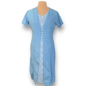 Vintage‎ 90s Chambray Gingham Plaid Midi Dress Button Front Cottagecore Medium Blue Size 10 thumbnail 11