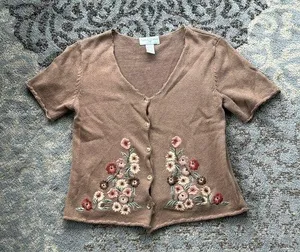 Vintage Casual Corner & Co. Embroidered Knit Floral Sweater Brown Large thumbnail 1