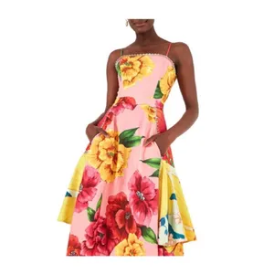 Farm Rio Chita Pink Floral Print Square Neck Tie Back Linen Midi Dress Size XS thumbnail 2