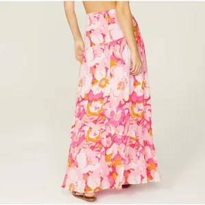 MinkPink Pink Tiered Ruffle Maxi Skirt XS Cottagecore Boho Vacation Full $129 thumbnail 3