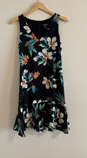 Karen Kane Black Midi Dress with White & Orange Floral Print thumbnail 1