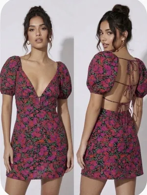 Hello Molly Floral Mini Dress Open Back Puff Short Sleeve Party Summer NWT 4 thumbnail 2