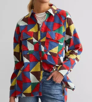 NWT Womens Buckle Exclusive Geo Patchwork Boyfriend Shirt GILDED‎ INTENT size M thumbnail 1