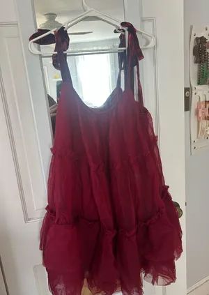 Ruffle tiered red tulle dress thumbnail 1