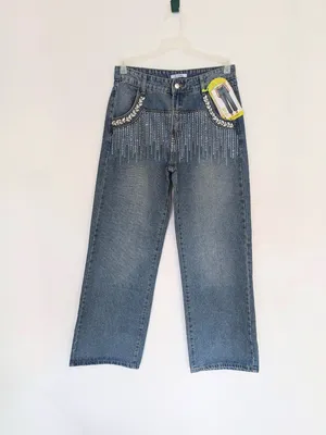 Rhinestone Embellished Wide Leg Jeans Dark Wash Bling Denim Size M thumbnail 4