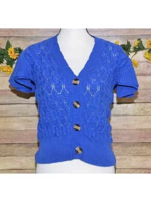 ANOTHER LOVE Size L Pointelle MIRA Flutter Sleeve Cardigan Sweater Cobalt Blue thumbnail 2