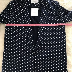 L’ACADEMIE Polka‎ Dot Linen Blazer Medium Navy Blue White Boyfriend Open Front thumbnail 13