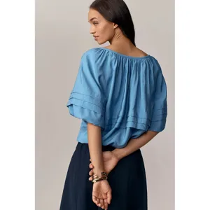 ANTHROPOLOGIE MAEVE SHORT PUFF SLEEVE BUBBLE TIERED BLOUSE SHIRT TOP Small Blue thumbnail 2