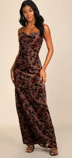 Lulus Brown Floral Cowl Neck Maxi Dress Size L thumbnail 1