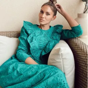 ZARA Broderie‎ Anglaise Cutwork Embroidered Eyelet Ruffle Midi Dress Green Sz XS thumbnail 3