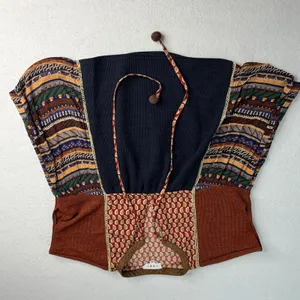THML Womens XS Mixed Media Boho Patchwork Tassel Tie Ribbed Knit Top Rust Navy thumbnail 1