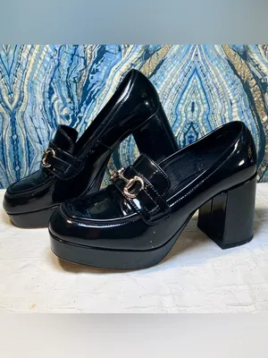H&M Black Patent Loafers Chunky Block Heel Whimsy Goth Dark Academia 90s Y2K 8 thumbnail 3