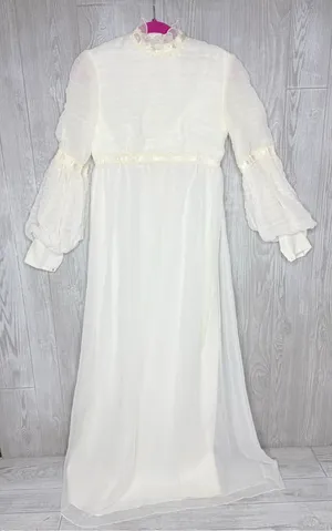 Vintage 1960s / 70s sheer tulle wedding dress white cream w/ long detail sleeves thumbnail 1