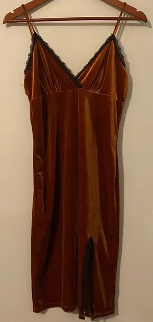 Forever‎ 21 Medium Brown Velvet Chemise Slip Dress Lace Y2K 90s thumbnail 1