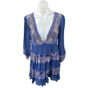 Free People My Love Blue Floral Boho Long Balloon Sleeve A Line Mini Dress Sz L thumbnail 2