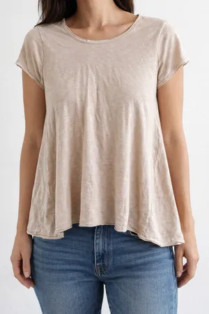 Easel Short Sleeve Peplum Swing T-Shirt Top Cotton Boho Tan Beige Small thumbnail 1