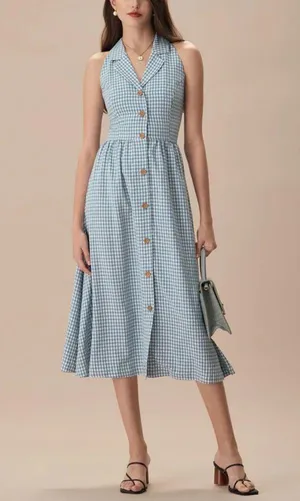 Rihoas Blue Lapel Plaid Sleeveless Shirt Midi Dress thumbnail 4