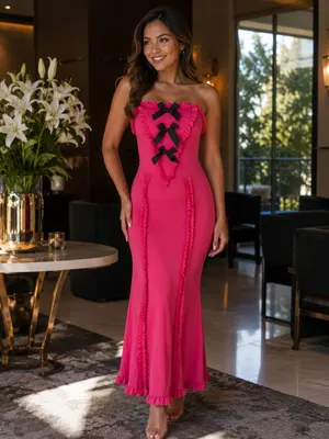 Zesica Strapless Pink Ruffle Mermaid Dress with Black Bow Detail thumbnail 2