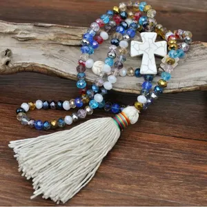 1Pc Boho Sweater Necklace Colorful‎ Beaded Cream Tassel Cross Charm Fashion thumbnail 1